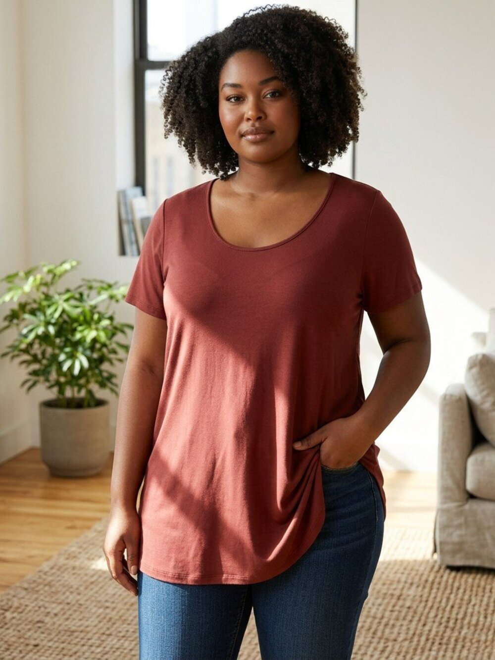 Jesse & J Womens Size 1X Red Maroon Short Sleeve Scoop Neck Tunic Top Shirt